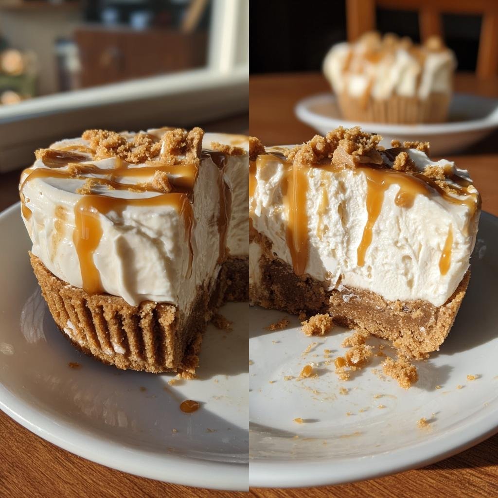 Gros plan d'une part de Brownies Cheesecake Recipe, garnie de caramel et miettes de biscuit.