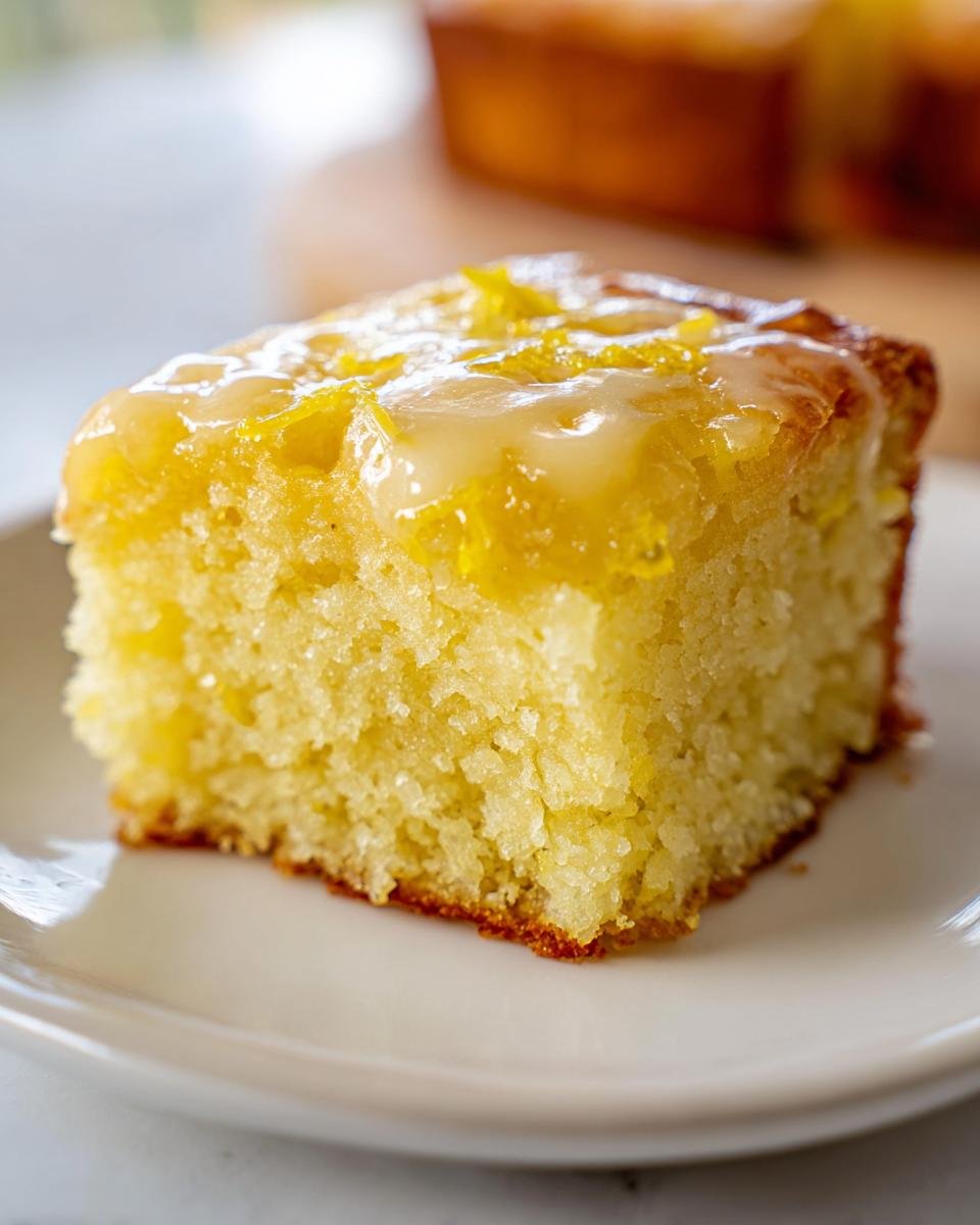 Gros plan d'un carré de brownies au citron avec un glaçage crémeux et du zeste de citron.