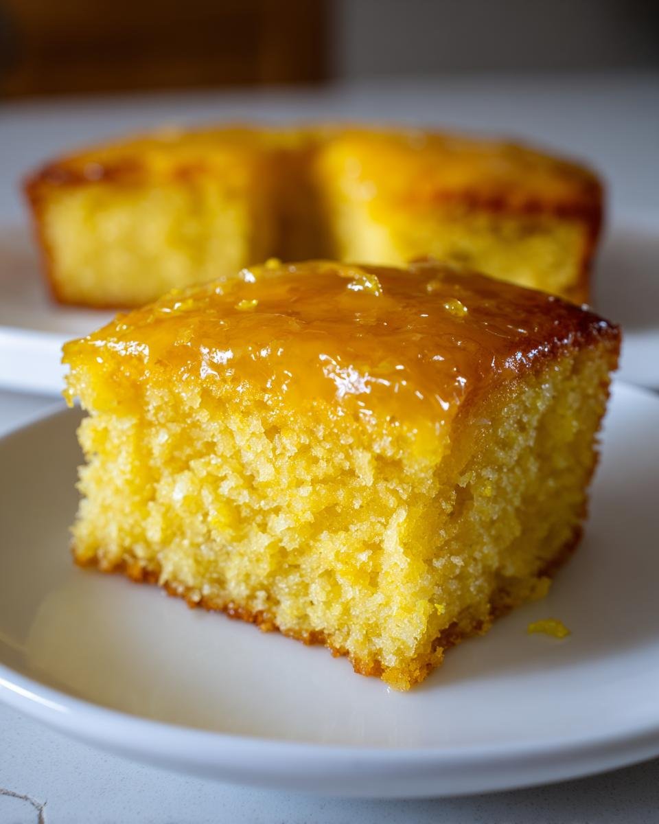 Gros plan d'un carré de brownies au citron avec un glaçage brillant.