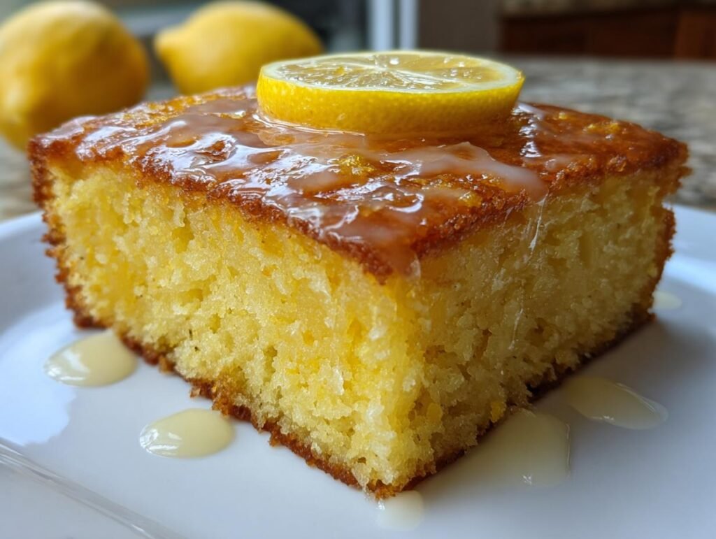 Gros plan d'un carré de brownies au citron, nappé de glaçage et garni d'une tranche de citron.
