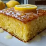 Gros plan d'un carré de brownies au citron, nappé de glaçage et garni d'une tranche de citron.