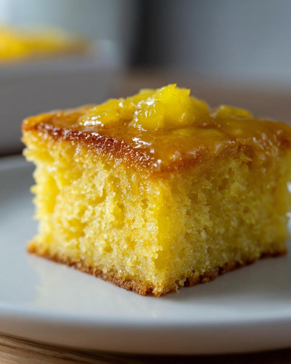 Gros plan d'un carré de brownies au citron moelleux et doré, garni de zestes de citron confits.