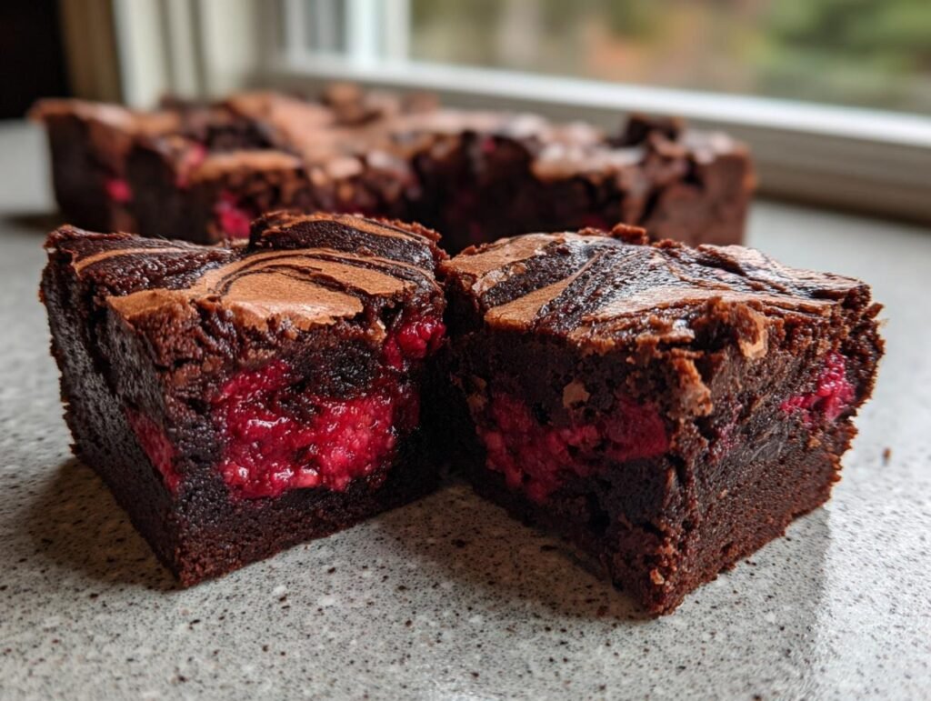 Gros plan sur deux brownies marbrés aux framboises, révélant le cœur fruité et chocolaté.