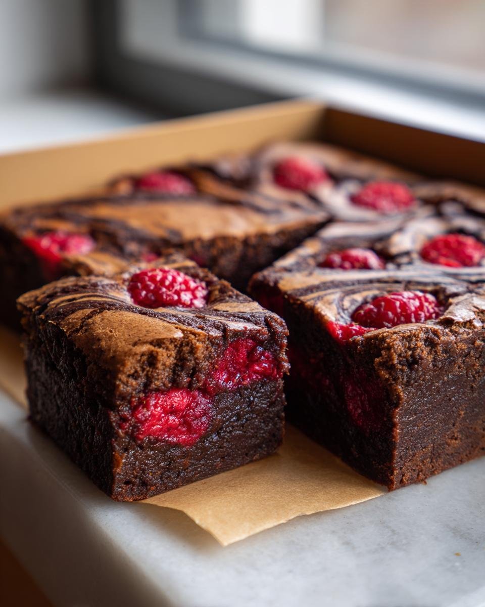 Gros plan sur des brownies marbrés aux framboises, avec des fruits rouges juteux incrustés dans le chocolat.