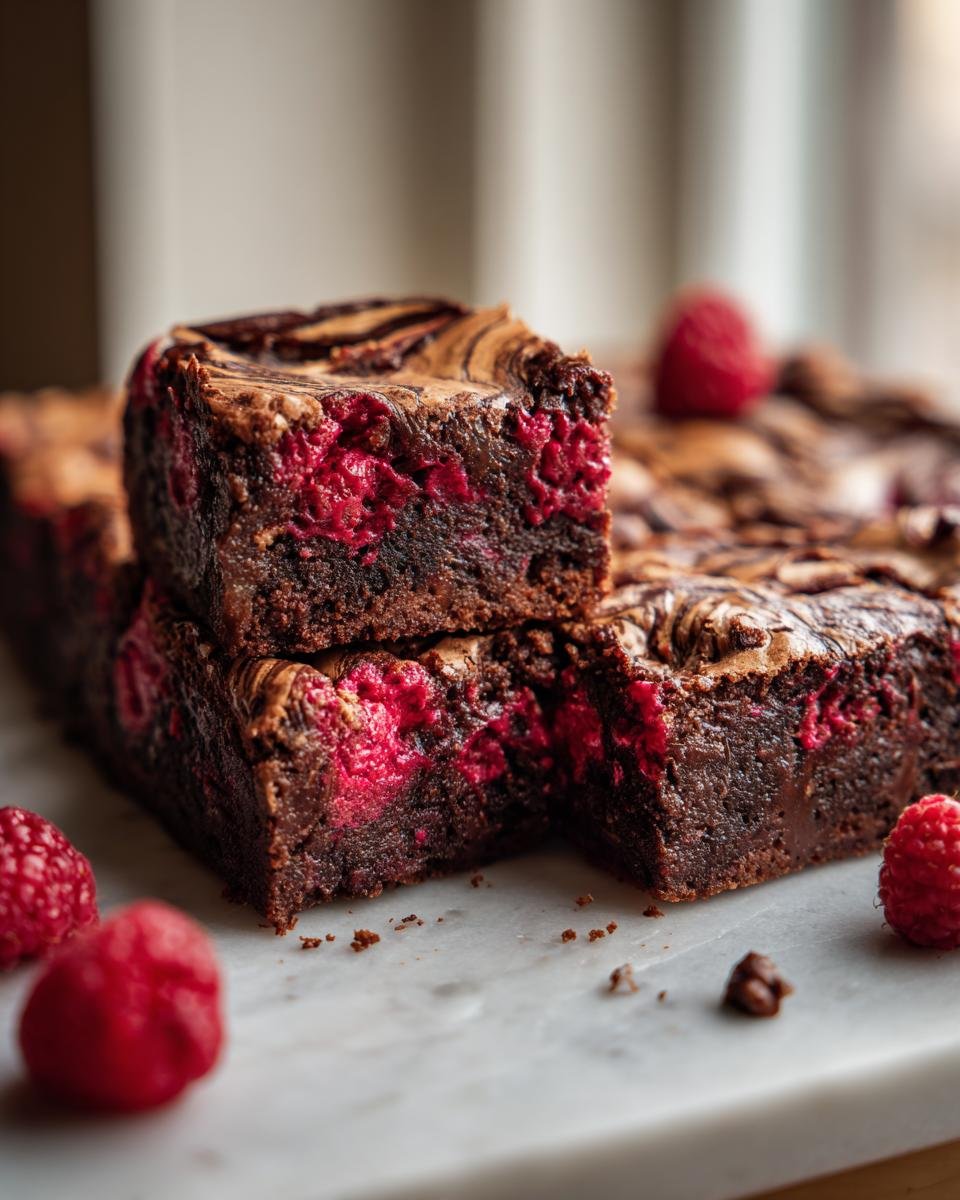 Gros plan sur des brownies marbrés aux framboises, avec des framboises fraîches et des marbrures de chocolat.