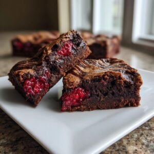 Gros plan sur deux brownies marbrés aux framboises, révélant les fruits rouges juteux à l'intérieur.