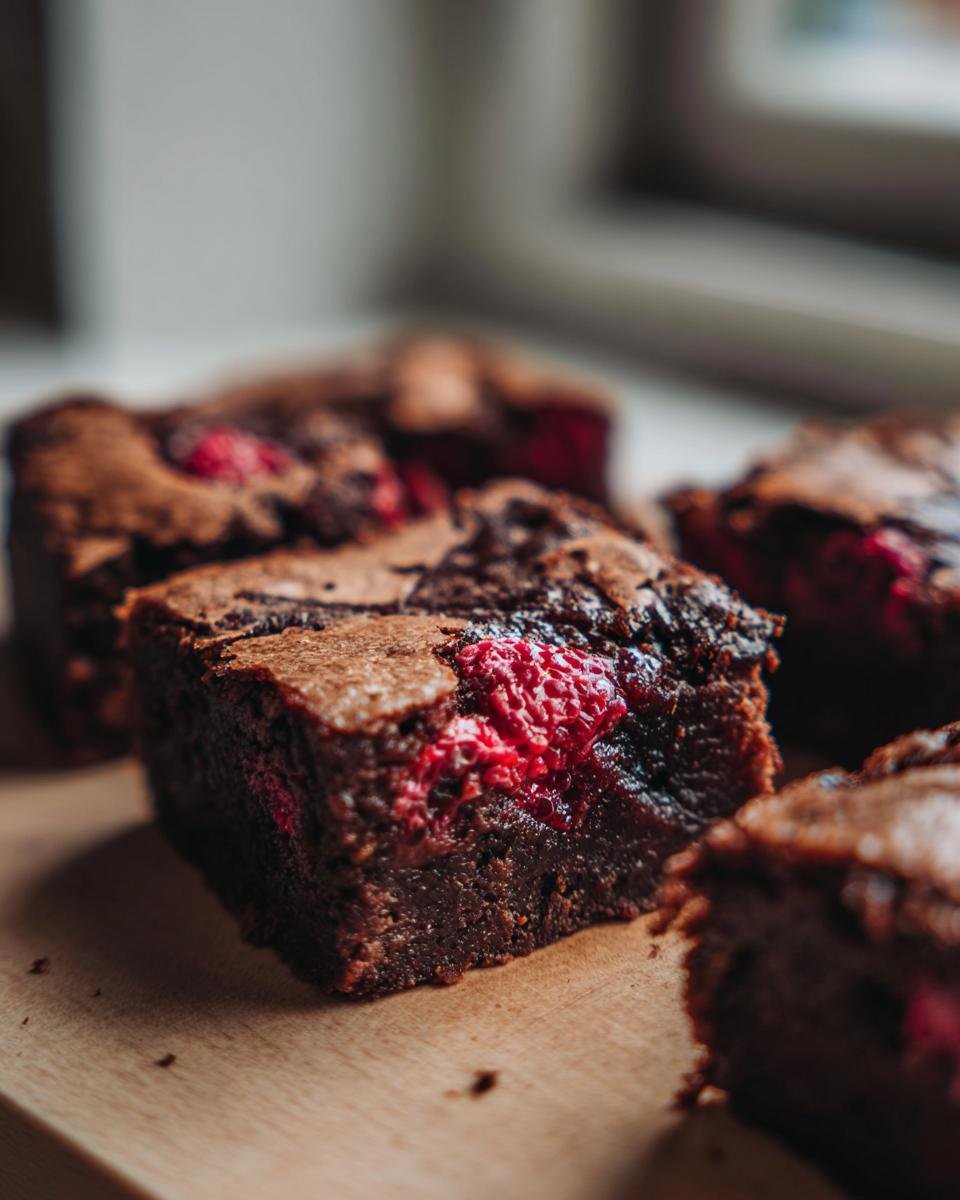 Gros plan sur des brownies marbrés aux framboises, avec des morceaux de framboises visibles.
