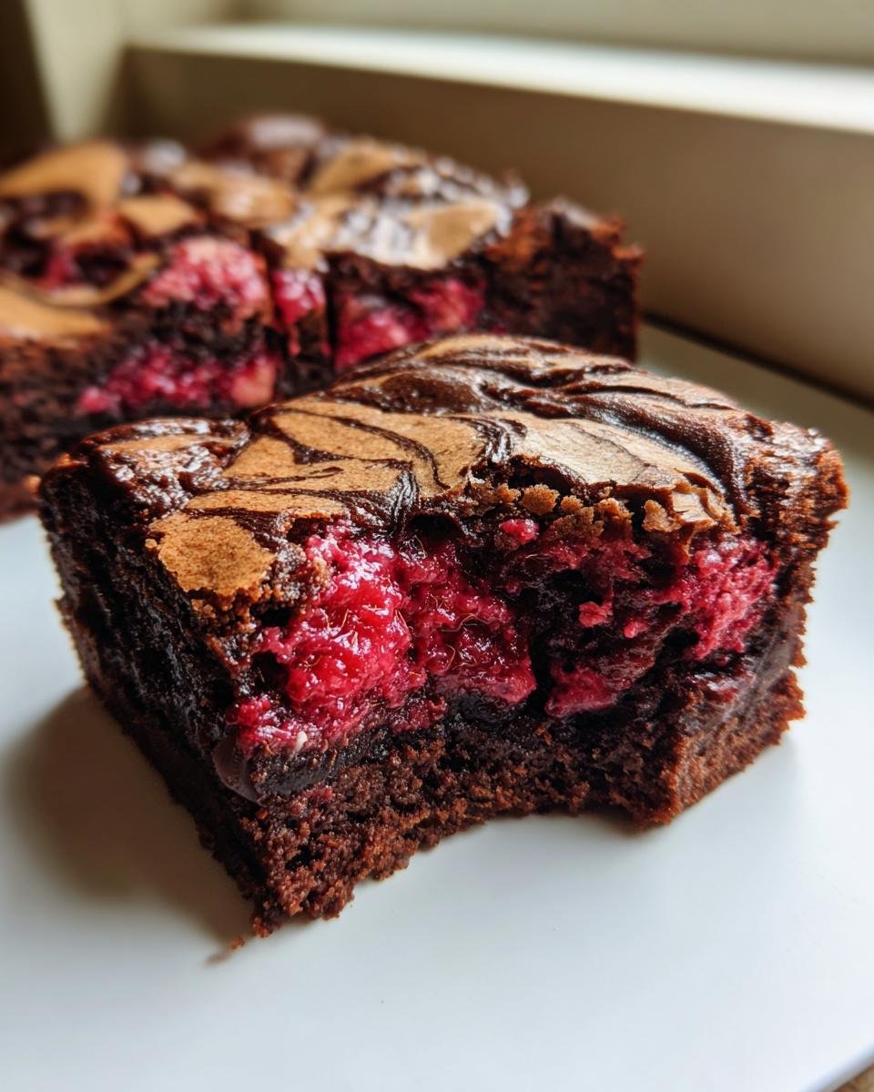 Gros plan d'une tranche de Brownies Marbrés aux Framboises, avec des framboises juteuses visibles à l'intérieur.