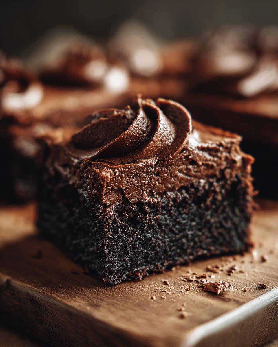 Gros plan sur une part de Brownies Mousse Chocolat avec un glaçage onctueux.
