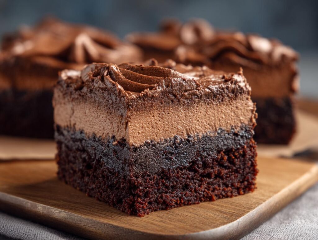 Gros plan d'une part de Brownies Mousse Chocolat sur une planche en bois, avec une texture riche et crémeuse.