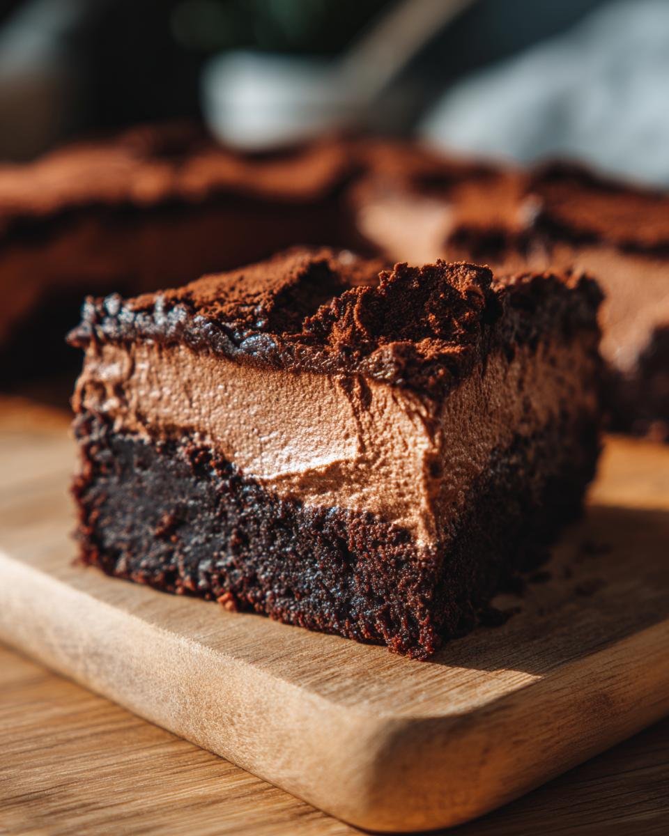 Gros plan d'une tranche de Brownies Mousse Chocolat sur une planche en bois, saupoudrée de cacao.