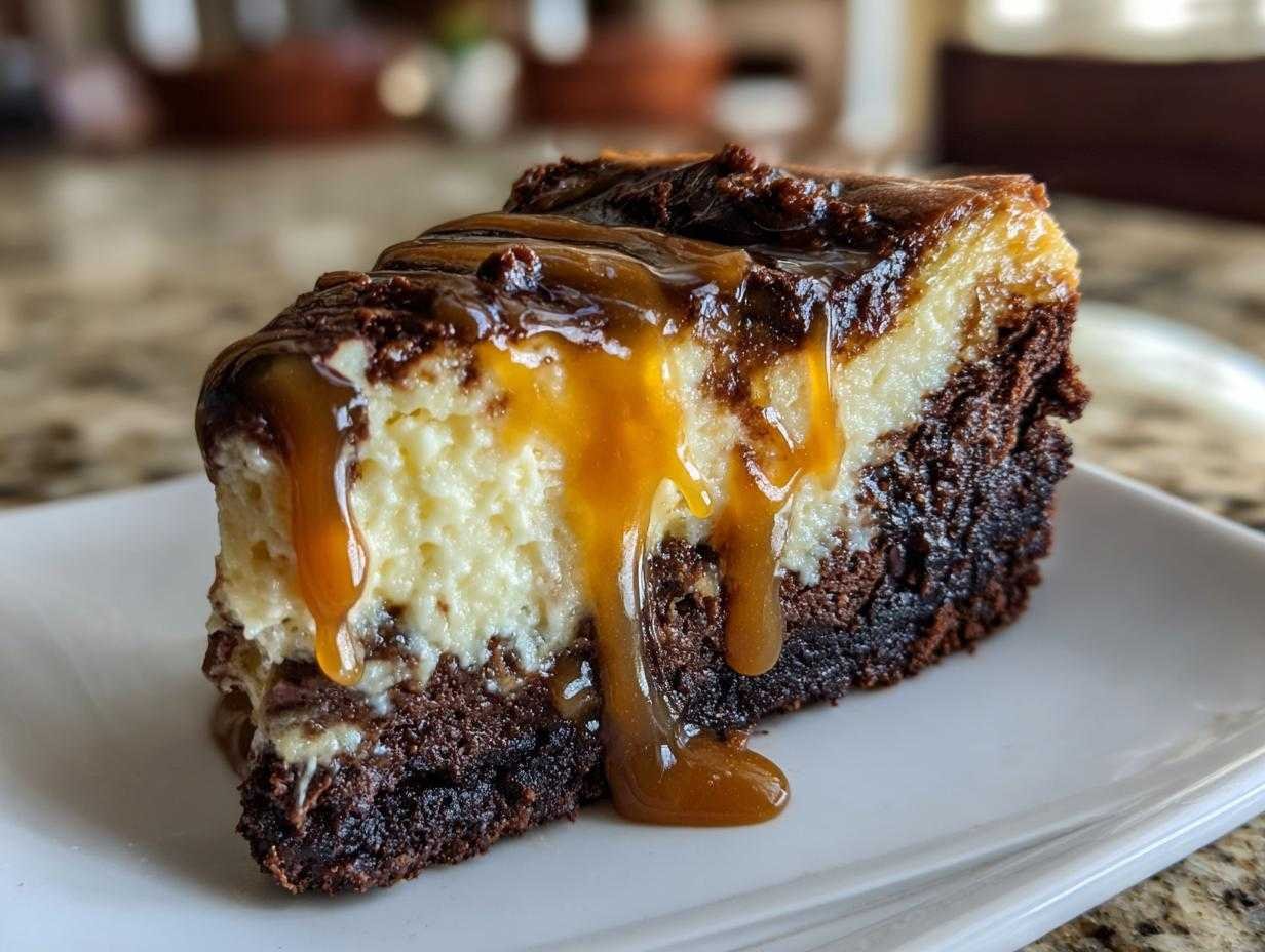 Gros plan sur une part de Caramel Brownie Cheesecake avec un coulis de caramel dégoulinant.