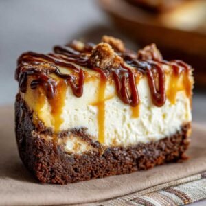 Gros plan sur une tranche de Caramel Brownie Cheesecake dégoulinant de caramel et de chocolat.