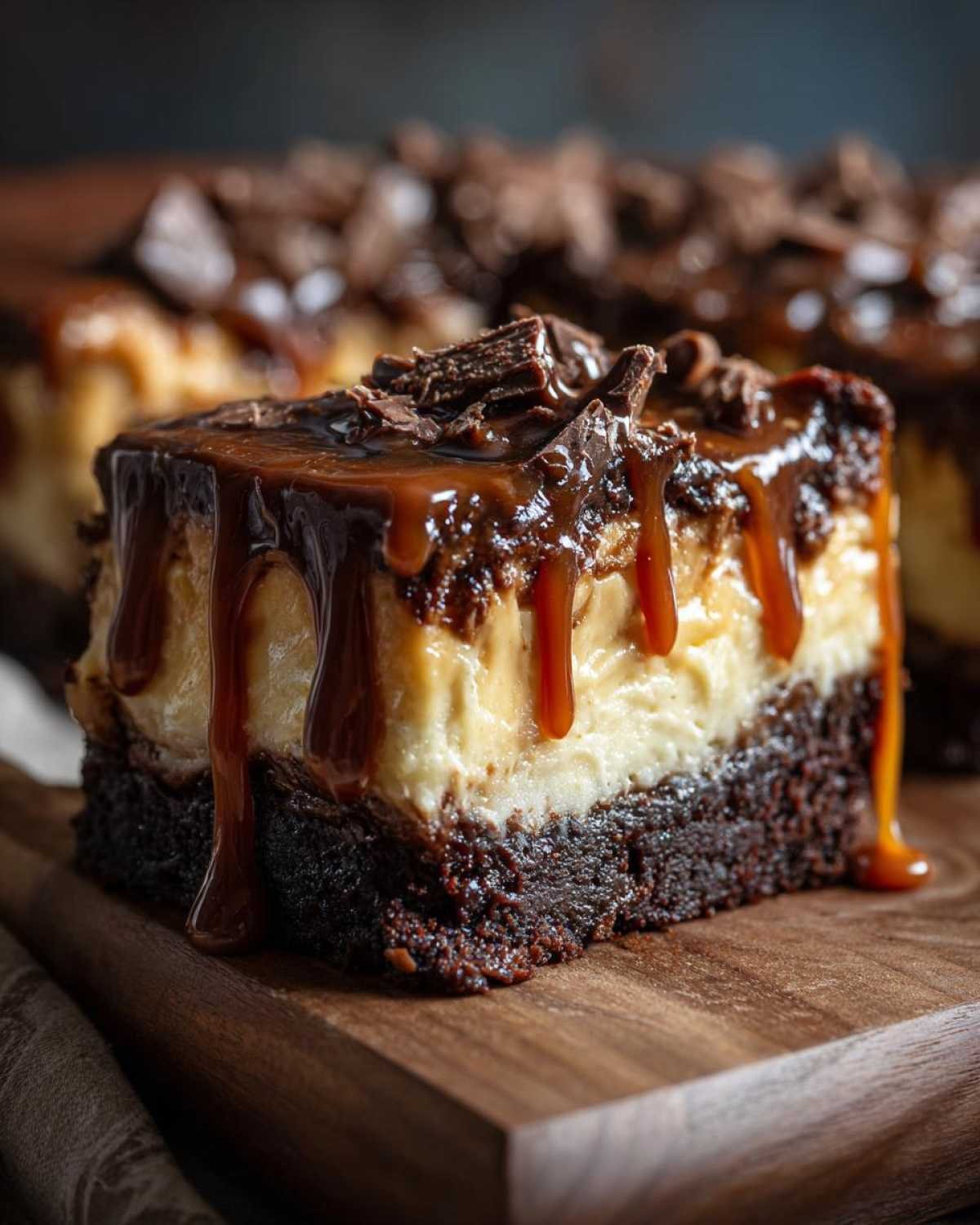 Gros plan d'une tranche de Caramel Brownie Cheesecake avec coulis de caramel et copeaux de chocolat.