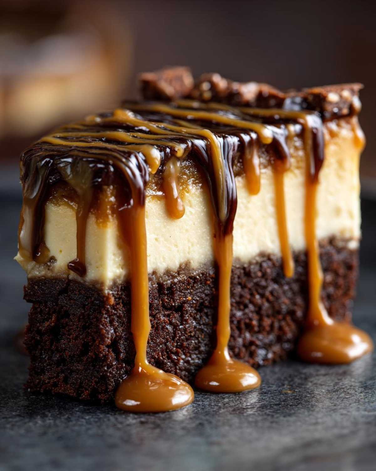 Gros plan d'une tranche de Caramel Brownie Cheesecake avec un glaçage au chocolat et des coulées de caramel.