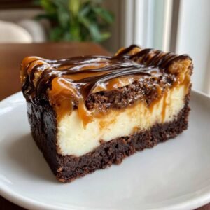 Gros plan sur une tranche de Caramel Brownie Cheesecake avec coulis de chocolat et caramel.