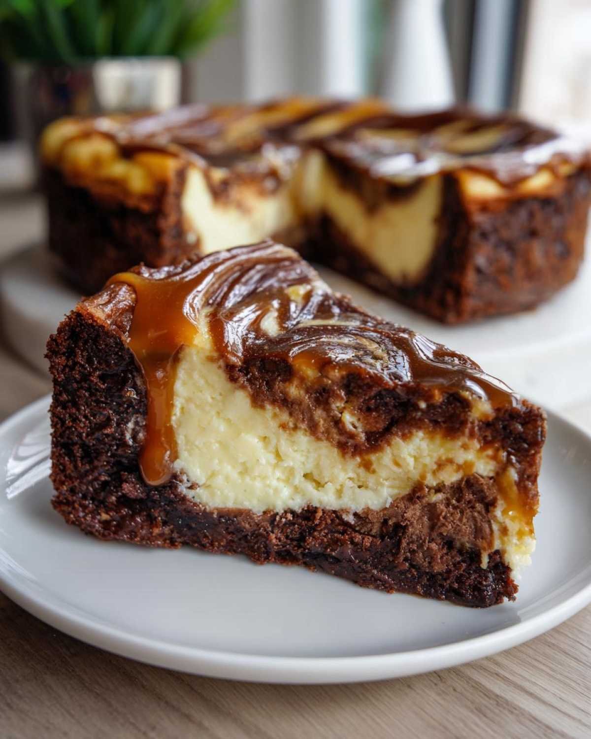 Gros plan sur une tranche de Caramel Brownie Cheesecake, avec une base brownie, un appareil crémeux et un coulis de caramel.