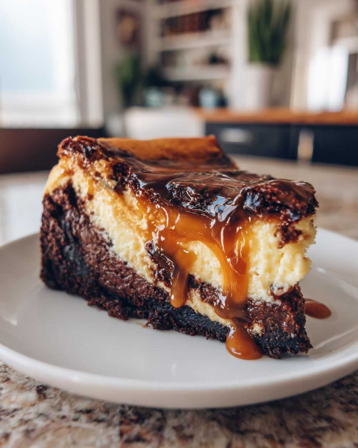 Gros plan sur une tranche de Caramel Brownie Cheesecake avec un coulis de caramel coulant.