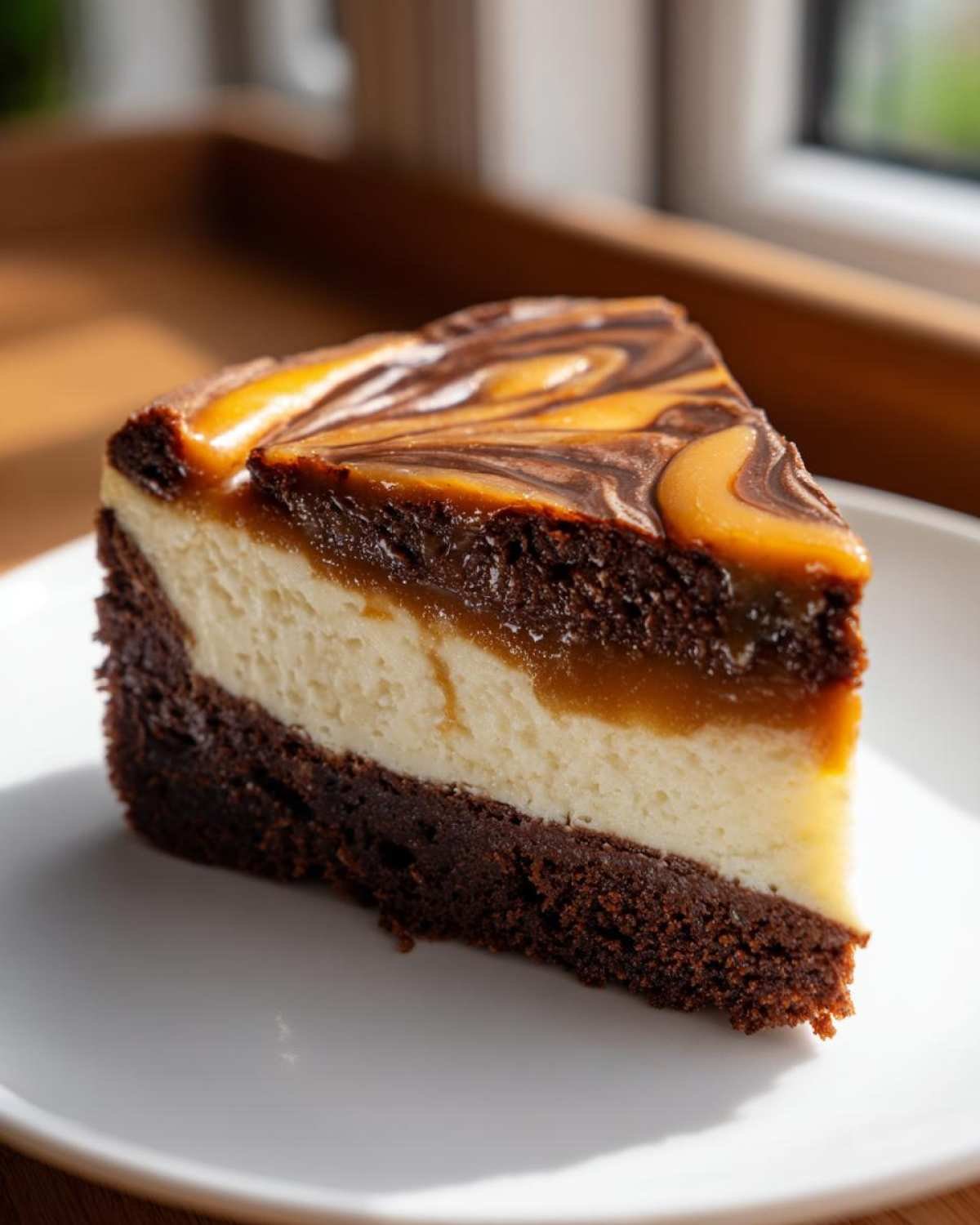 Gros plan sur une tranche de Caramel Brownie Cheesecake avec un tourbillon de caramel et de chocolat sur le dessus.