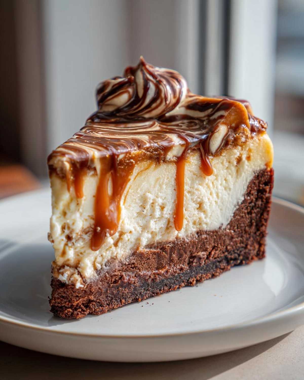 Gros plan sur une tranche de Caramel Brownie Cheesecake avec un glaçage tourbillonnant et du coulis de caramel.