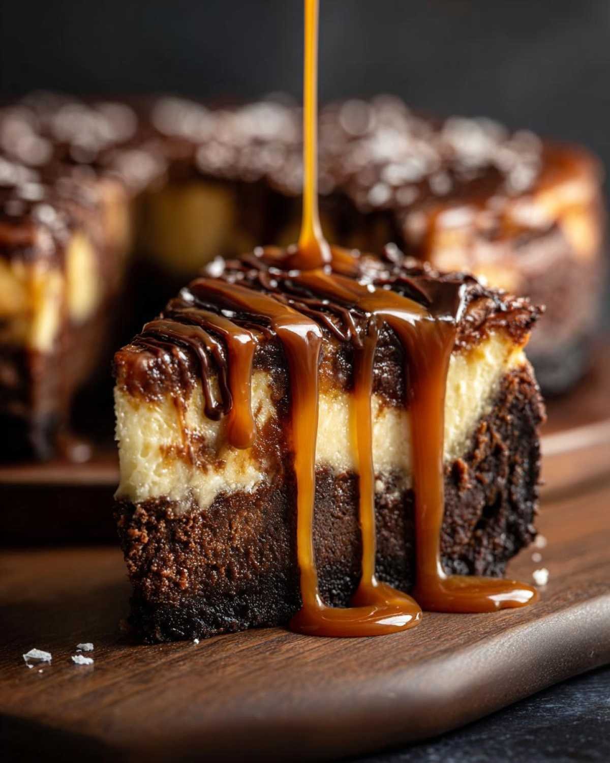 Gros plan sur une tranche de Caramel Brownie Cheesecake avec du coulis de caramel et de chocolat versé dessus.