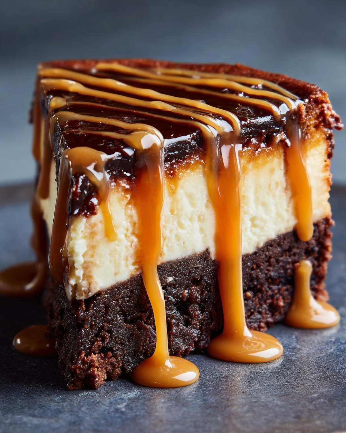 Gros plan sur une tranche de Caramel Brownie Cheesecake avec du chocolat et du coulis de caramel dégoulinant.