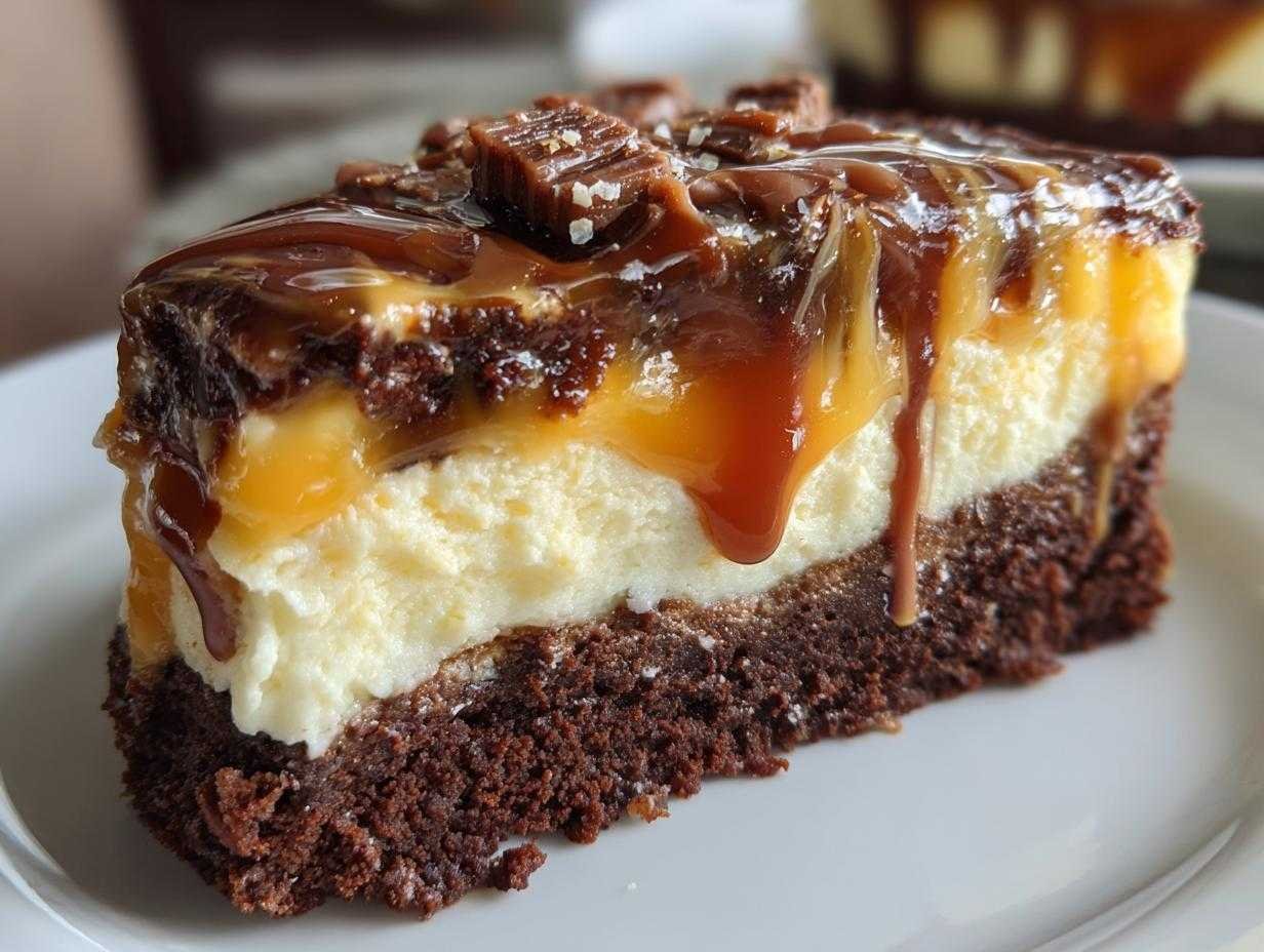 Gros plan sur une tranche de Caramel Brownie Cheesecake avec un coulis de caramel et des morceaux de brownie.