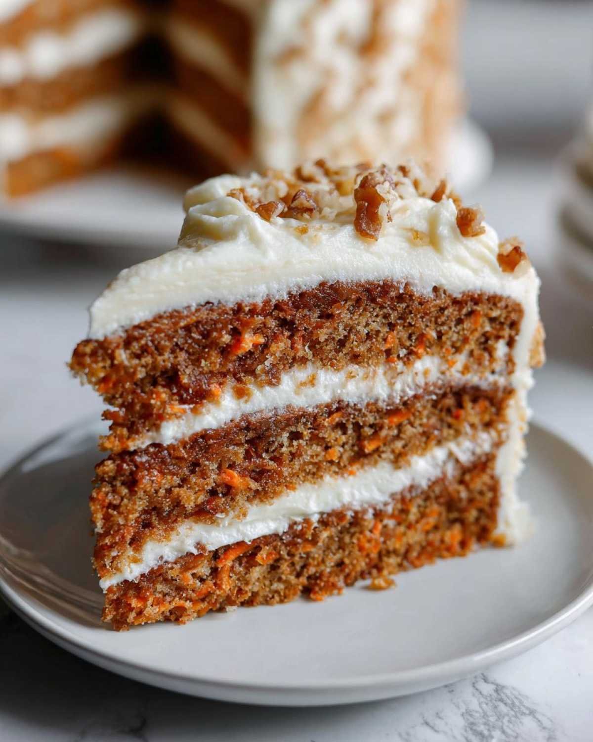 Gros plan sur une tranche de Carrot Cake Cheesecake avec un glaçage crémeux et des noix concassées sur le dessus.