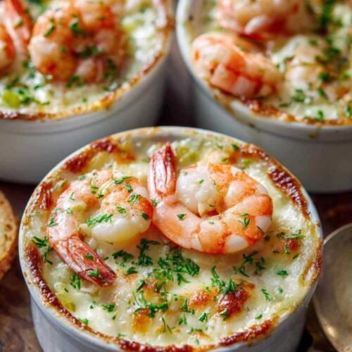 Service des cassolettes crevettes poireaux avec salade verte