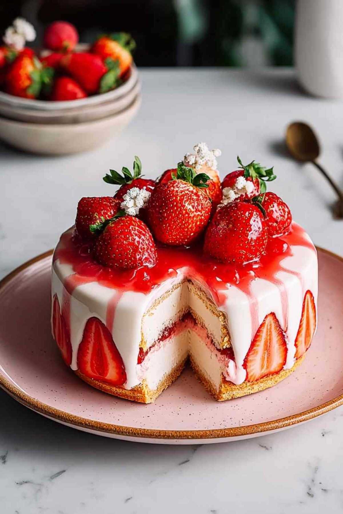 Charlotte au fraise élégante garnie de fraises fraîches