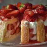 Charlotte aux fraises démoulée sur assiette blanche