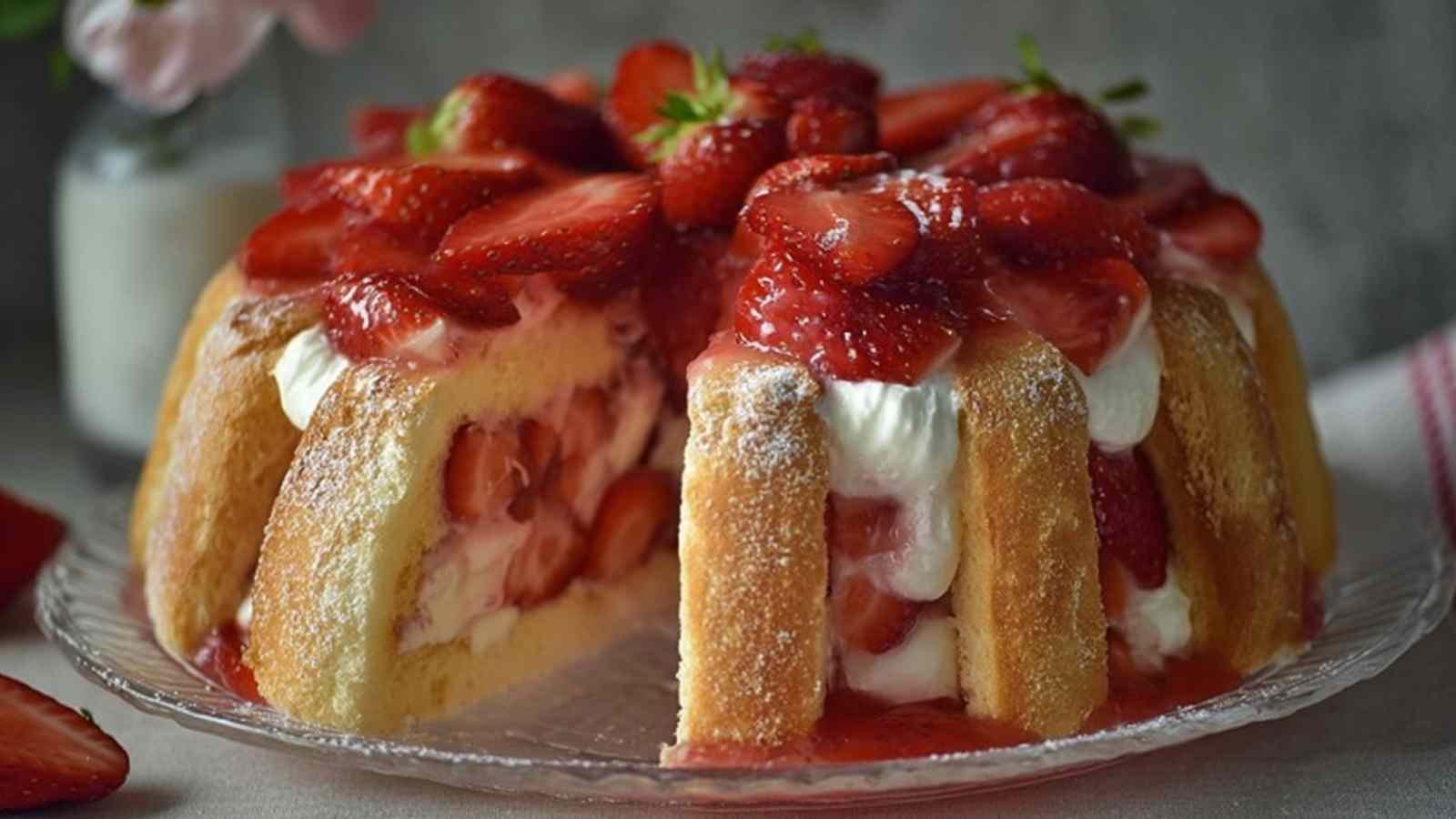 Charlotte aux fraises démoulée sur assiette blanche