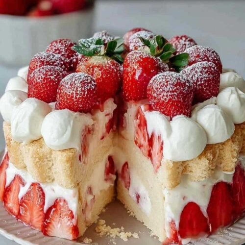 Charlotte aux fraises élégante sur plat de service