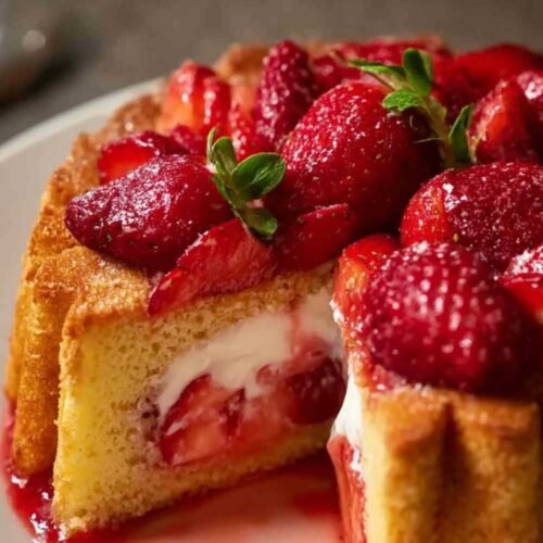 Charlotte aux fraises française traditionnelle avec biscuits à la cuillère et fraises fraîches