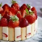 Charlotte aux fraises sans cuisson décorée de fraises fraîches et menthe