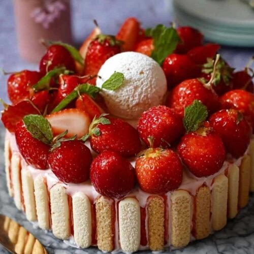 Charlotte aux fraises sans cuisson décorée de fraises fraîches et menthe