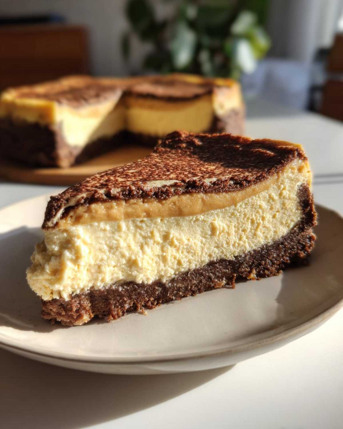 Gros plan d'une part de cheesecake beurre cacahuète keto, avec une croûte au chocolat et une garniture crémeuse.