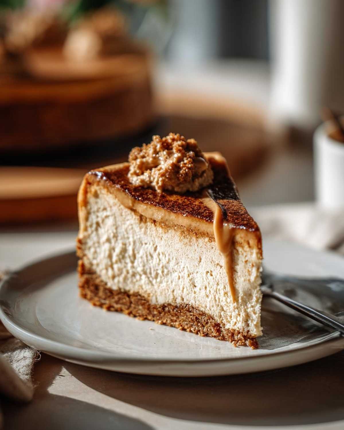 Gros plan d'une part de cheesecake beurre cacahuète keto sur une assiette, avec un coulis de caramel et une garniture croustillante.