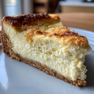 Gros plan d'une part de cheesecake beurre cacahuète keto sur une assiette blanche, avec une croûte dorée et une garniture crémeuse.