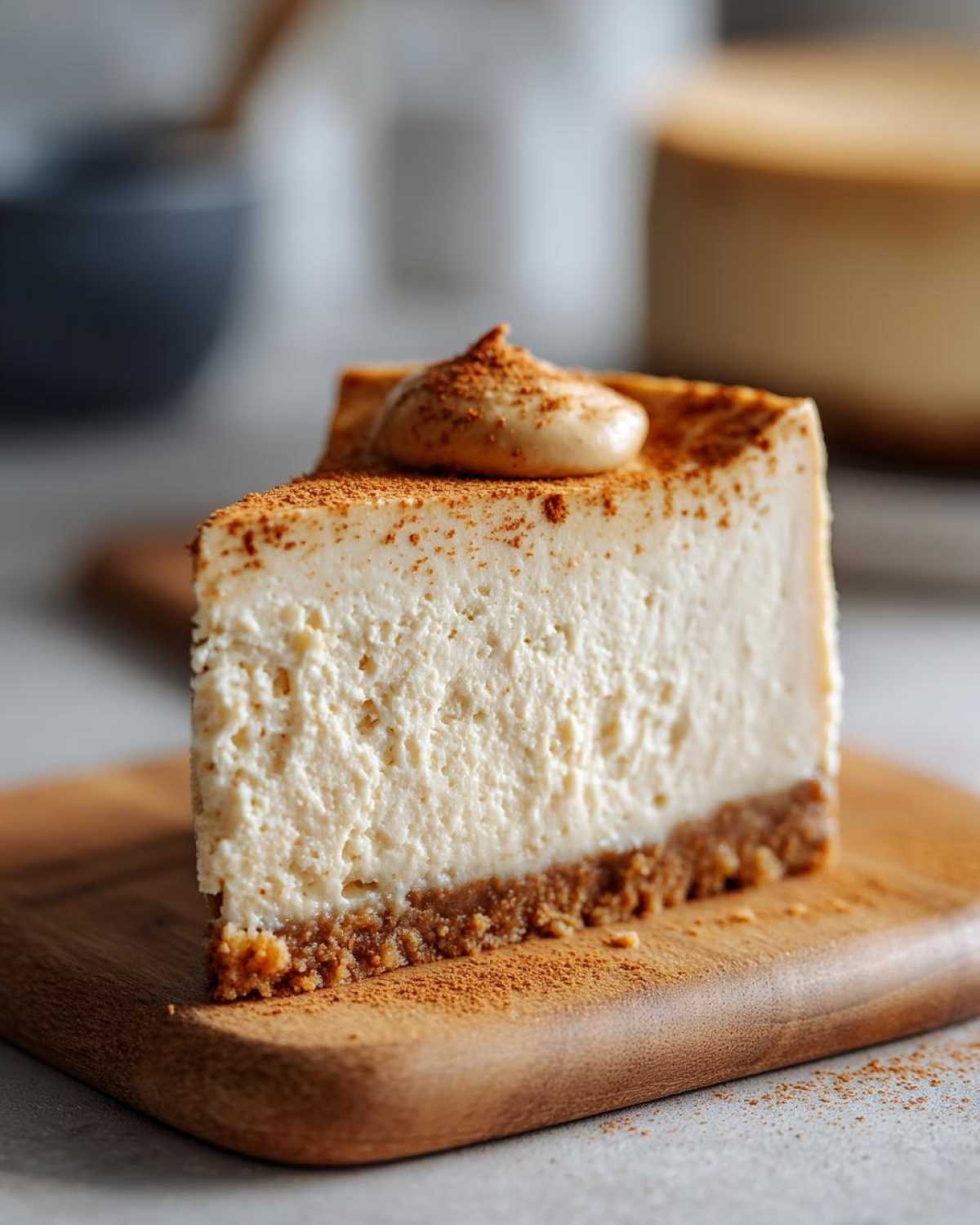Gros plan d'une tranche de cheesecake beurre cacahuète keto sur une planche en bois, saupoudrée de cannelle.