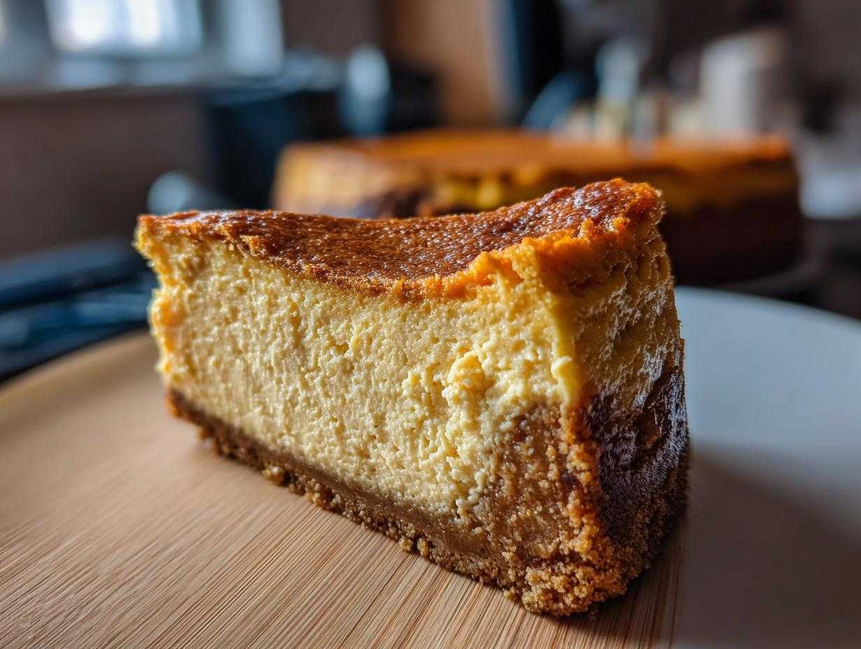 Gros plan d'une tranche de cheesecake beurre cacahuète keto sur une assiette en bois, avec un autre cheesecake flou en arrière-plan.
