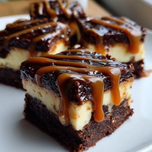 Gros plan d'un Cheesecake Brownie au Caramel, avec une couche de brownie au chocolat, une couche de cheesecake crémeux et un coulis de caramel.