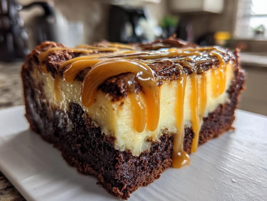 Gros plan d'une tranche de Cheesecake Brownie au Caramel, avec une garniture crémeuse et un coulis de caramel dégoulinant.