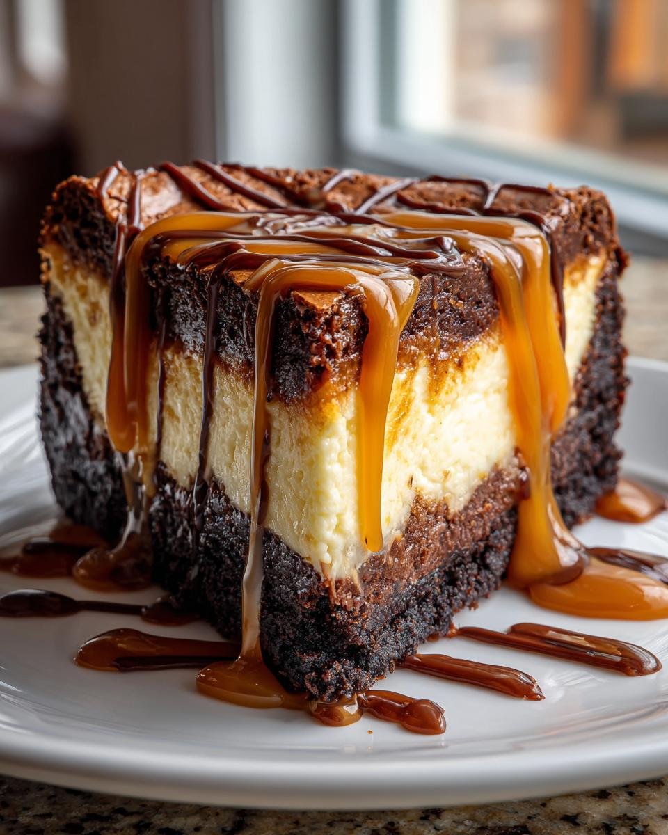 Gros plan d'une tranche de Cheesecake Brownie au Caramel dégoulinant de sauce caramel et chocolat.