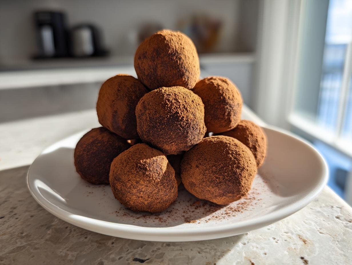 Gros plan sur une pile de truffes au chocolat enrobées de cacao, parfaites pour un Cheesecake Brownie au Caramel.