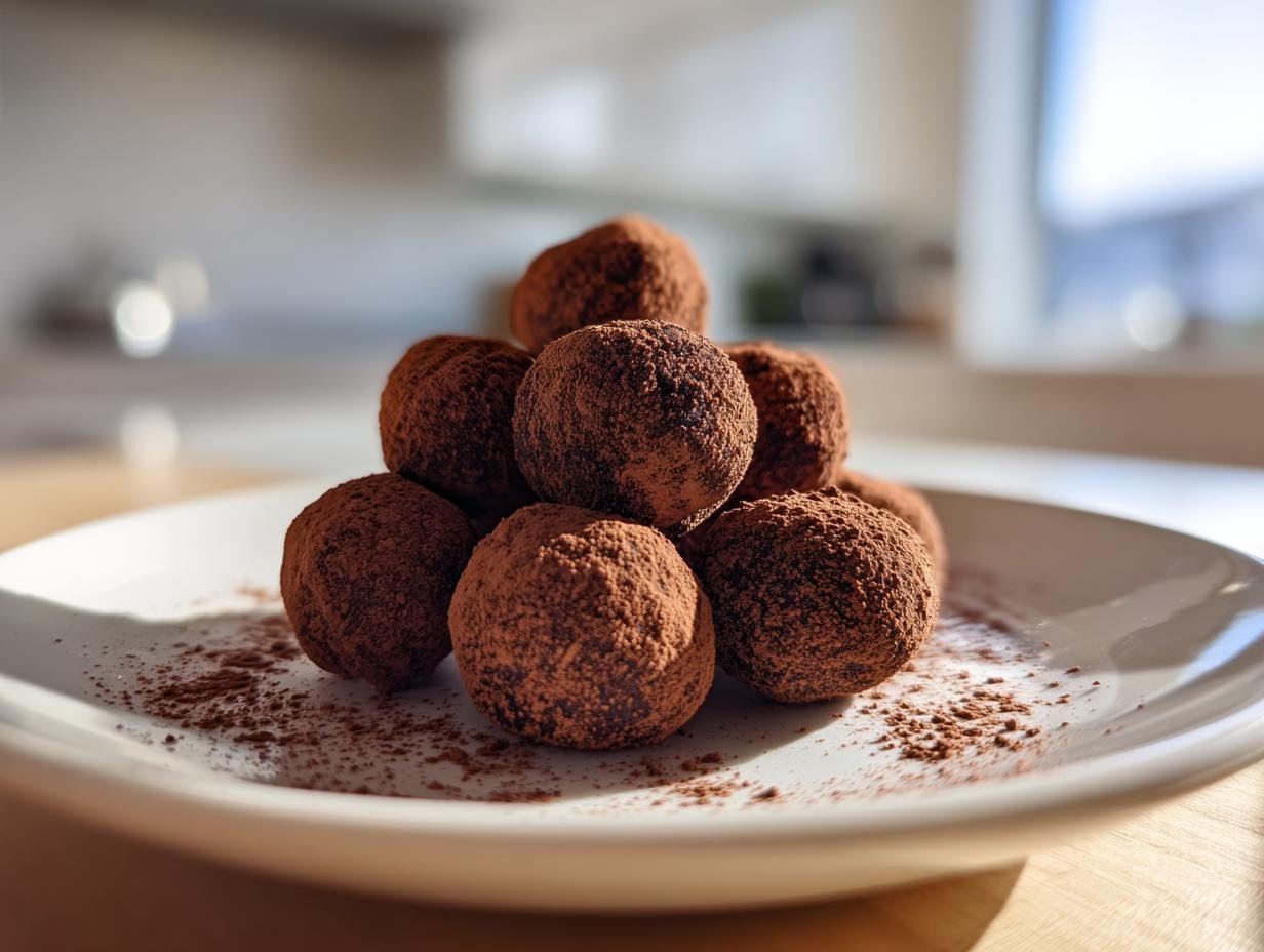 Gros plan de truffes au chocolat saupoudrées de cacao, rappelant le Cheesecake Brownie au Caramel.
