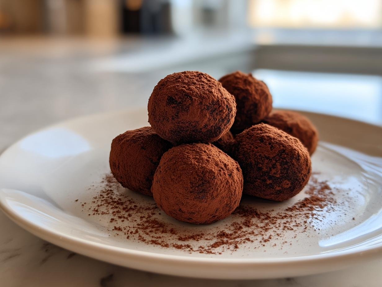 Gros plan de truffes au chocolat enrobées de cacao, servies sur une assiette blanche.