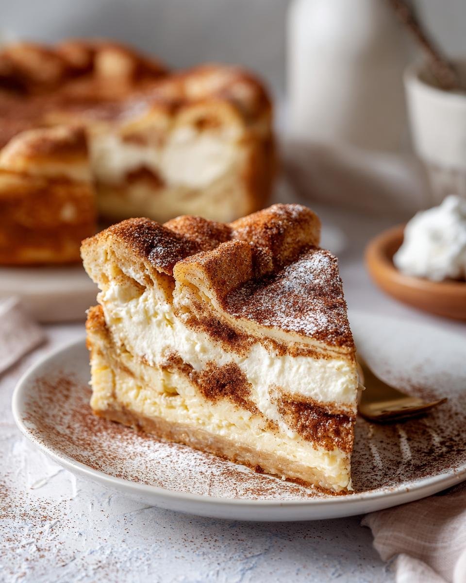 Gros plan d'une tranche de cheesecake churro crémeux, saupoudrée de cannelle et de sucre.