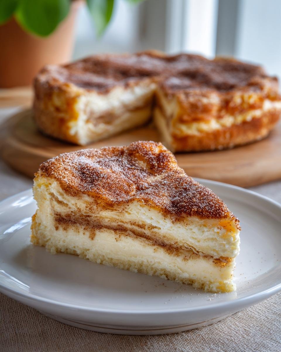 Gros plan d'une tranche de cheesecake churro crémeux, saupoudré de sucre et de cannelle.