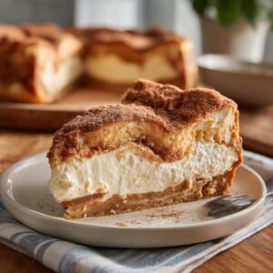 Gros plan d'une part de cheesecake aux churros sur une assiette, avec un fond flou de cheesecake entier.